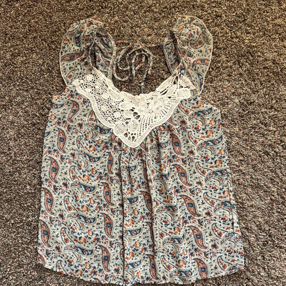 Lilly White Crochet-Trim Paisley Sleeveless Top - Blue & Cream S